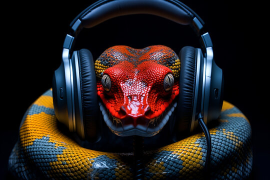 Snake with headphones. Snake listening to music