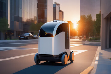Autonomous food delivery robot on a blurred city street background.Modern package delivery bot.Generative AI