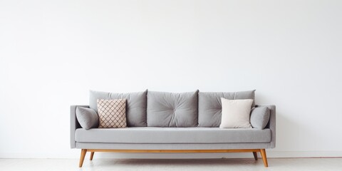 Stylish Scandinavian sofa with gray upholstery, legs, and pillows on white background.