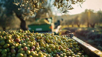 blurred atmosphere of harvesting olives under the bright sun, background for the concept of Olive Day - obrazy, fototapety, plakaty