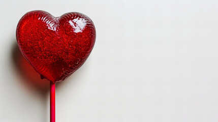 heart shaped red lollipop on white background