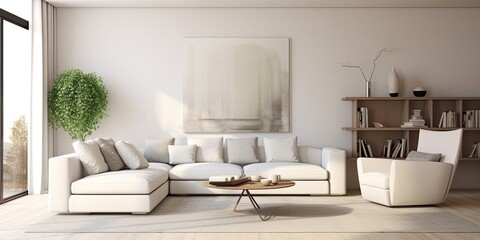 Modern living room with white furniture.