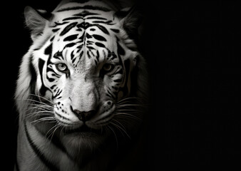 Portrait of white bengal tiger on a black background. Copy space for text, advertising, message, logo