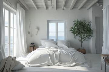 habitación estilo ibicenco en tonos blancos con cama central, jarrón con árbol y mesita sobre pared con ventana y gran ventanal lateral con vistas la mar