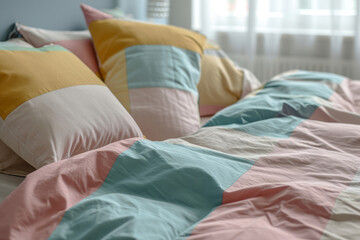 Fototapeta na wymiar Soft bedding set with pillows in pastel colors. Colorful bed linen. Generative AI
