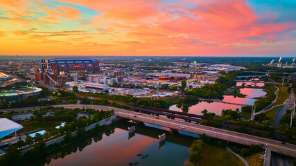 Aerial Golden Hour Sunset over Indianapolis Stadium and River