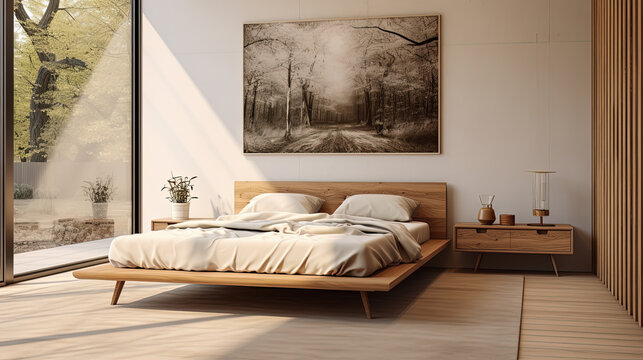 dormitorio decorado con cama central, cuadro, mesita armario empotrado  y gran ventanal con cristaleras y vistas al jard&iacute;n