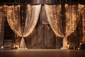 Indoor barn wedding with string lighting to celebrate marriage in a rustic setting. Generative AI - obrazy, fototapety, plakaty