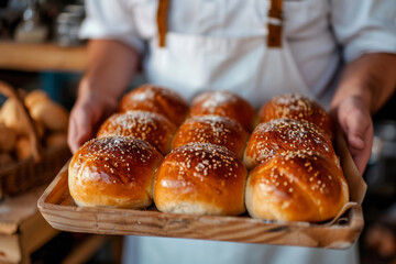 Baker presents a tray of hot fresh buns. Generative AI