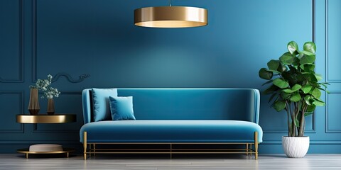 Blue bench in a glamorous living room with golden table, lamp, and leafy shelves.