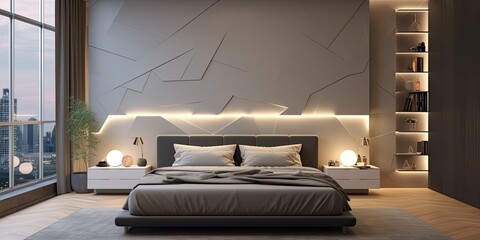 Trendy contemporary bedroom with lit niches, large window, gray and white tones, and geometric...