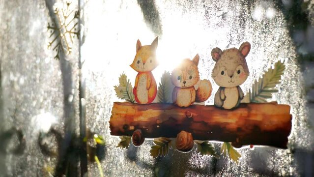 Cartoon characters and mice stickers, Christmas decorations glued to the glass