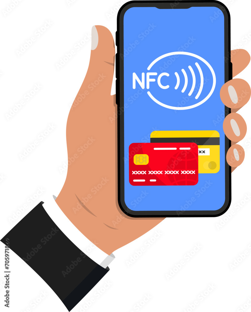 Poster Contactless payment. Smartphone with Online Payment. NFC payments. POS terminal with smartphone and credit card. Wireless, contactless or cashless payments. Accepting payment at POS terminal