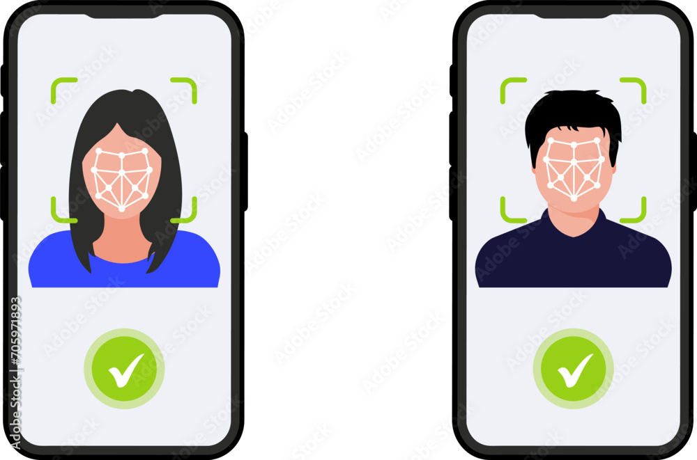 Poster face id icon. face identification on mobile phone. identification of a person. face scanning process