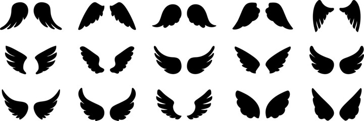 Wings icons. Set of black wings icons. Bird wings, angel wings elements. Wings Collection in different shape. Vector illustration