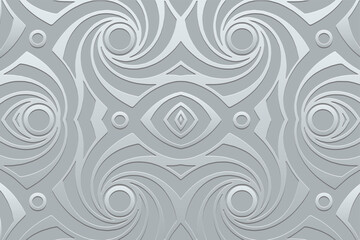 Embossed metal background, cover design. Handmade, arabesques, silver texture. Geometric ethnic 3D pattern. Ornamental decorative art of the East, Asia, India, Mexico, Aztec, Peru.