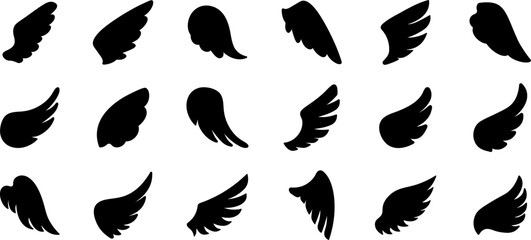 Wings icons. Set of black wings icons. Bird wings, angel wings elements. Wings Collection in different shape. Vector illustration - obrazy, fototapety, plakaty