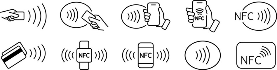 NFC wireless payment technology icons. Contactless NFC payment. NFC payment with smartphone. Contact less. NFC payment with mobile phone. Credit card. Contactless wireless pay, tap pay wave sign