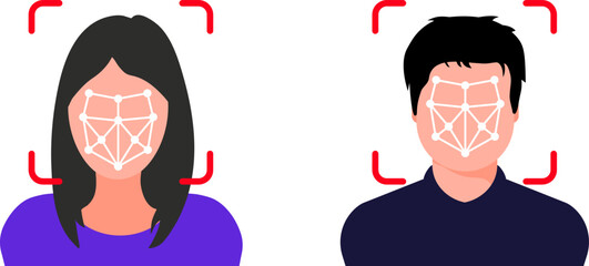 Face ID icon. Face identification. Identification of a person. Face scanning process. Biometric verification Facial recognition system, identification face identity detection. Vector illustration