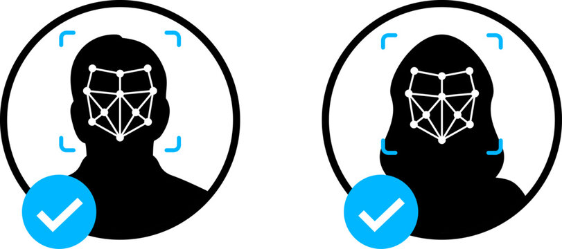 Face ID icon. Face identification. Identification of a person. Face scanning process. Biometric verification Facial recognition system, identification face identity detection. Vector illustration