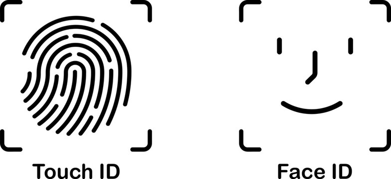 Face ID icon. Touch ID. Identification icons. Facial recognition system, identification face. Finger scanner. Biometric verification. Vector illustration