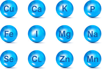 Vitamin and mineral complex. Set of Essential Mineral supplement icons. Minerals and vitamin complex. Calcium Zinc Magnesium Manganese Iron Molybdenite Iodine Cobalt Chromium Copper Potassium Silicon