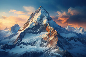 Fototapeta premium A serene mountain peak at dawn, where the first rays of sunlight touch the landscape, evoking a sense of awe and tranquility. Concept of mountain majesty. Generative Ai.