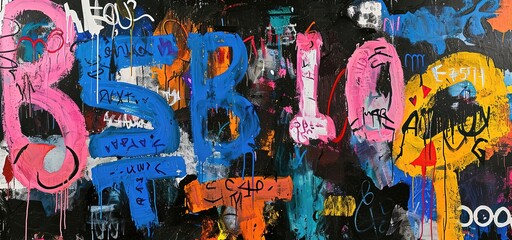 Fototapeta premium grungy noise concrete texture contemporary art illustration, abstract hand write script numbers and letter on wall, graffiti punk style, Generative Ai