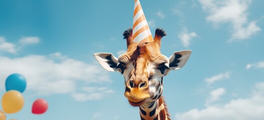 Giraffe with party hat among balloons against blue sky. Whimsical and fun celebration. Banner.