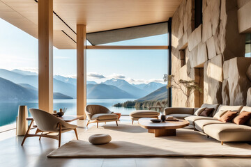 Lujosa casa de arquitectura moderna en la montaña, de líneas rectas, con vistas a un increíble lago natural