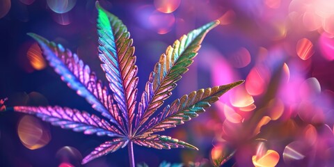A Stylized Rainbow-Iridescent Cannabis Icon Symbol in the Style of Iridescent Opalescent Holographic Background created with Generative AI Technology - obrazy, fototapety, plakaty