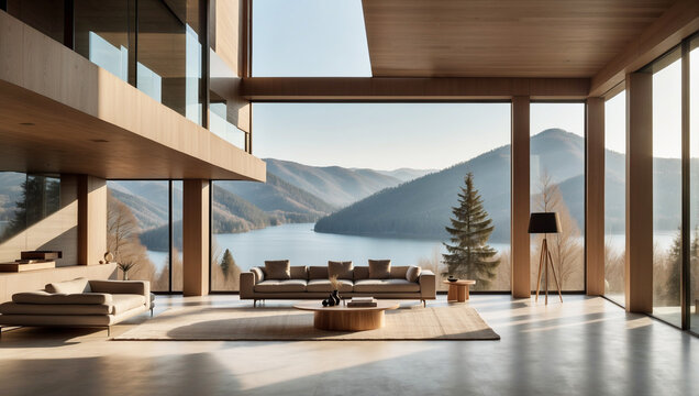 Lujosa casa de arquitectura moderna en la monta&ntilde;a, de l&iacute;neas rectas, con vistas a un incre&iacute;ble lago natural