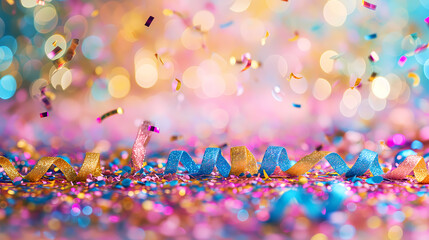 confetti in front of colorful background with bokeh for carnival	
