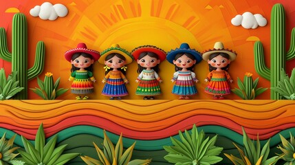 Happy Cinco de Mayo. Holiday banner. group of girls in Mexican folk costumes on yellow background