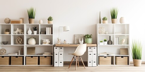 Contemporary office cabinet with white shelves, rattan boxes, cactus, vases, and decorations in neutral tones.