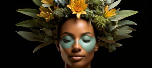 Abstraction. Care for facial skin and hair with herbal face masks, lotions, shampoos for woman. Horizontal photo for banners, posters, gift cards, advertising.