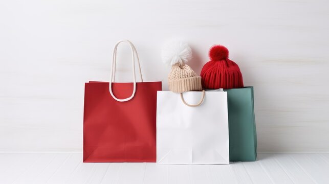 Paper bags from the store. Paper bags from the store. in the center there are 3 bags of red, white and green, on top there are beige and red hats with ponpons, a symbol of winter and the new year.High