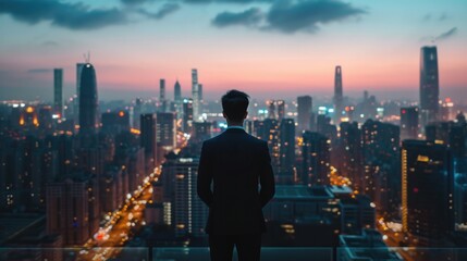 businessperson on a high-rise building's rooftop, looking out at the city skyline. The city is bathed in the early evening light