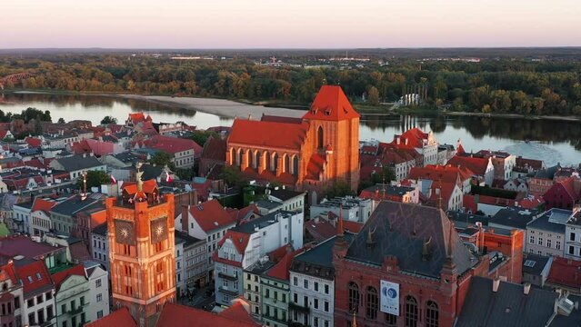 Architecture of the old town in Torun at sunset, Poland.