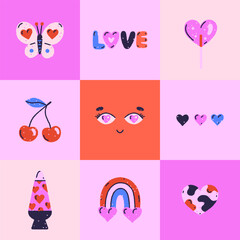 Set of cute romantic groovy illustrations. Seamless pattern or greeting card. Valentine's Day. Love in squares. Colorful hand drawn style. Poster, cover, postcard, print on clothes