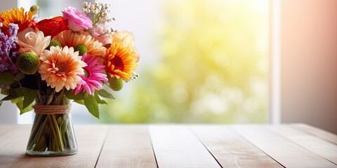 Flowers on wooden table in bright room.