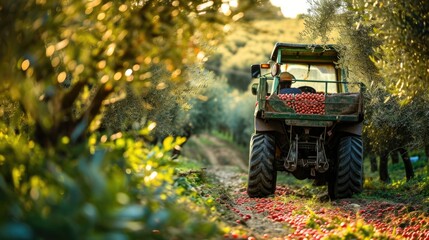 Fototapeta premium old tractor on a blurred background from the collection of olives in a field among trees and a harvested harvest of olives