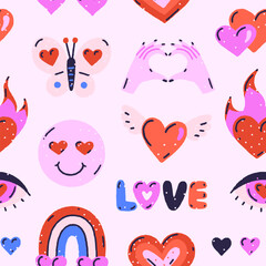 Colorful groovy seamless pattern of hearts, rainbow, butterfly, eye on light background. Love and passion. Valentine's Day. Hand drawn style. Print for fabrics, wallpaper, wrapping paper, gift bags