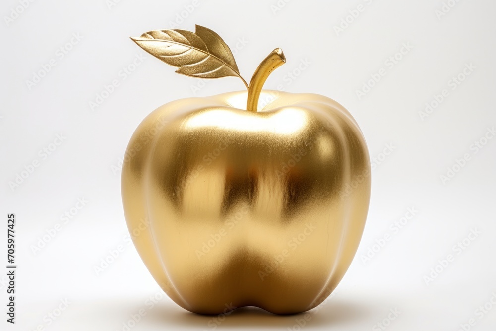 Wall mural metallic golden apple made of gold isolated on white background, representing wealth and prosperity.