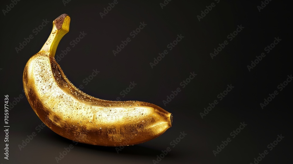 Wall mural shiny golden banana made of gold on dark background, symbolizing luxury and success; ideal for upsca