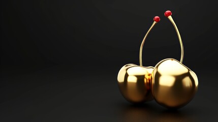 Twin golden cherries made of gold against a dark background, ideal for luxury branding and high-end product presentations, embodying exclusivity. Exclusive fruit. Banner with copy space
