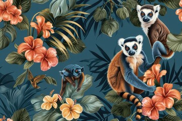 Tropical vintage monkey, sloth, lemur, palm trees floral seamless pattern blue background. Exotic jungle wallpaper. - obrazy, fototapety, plakaty