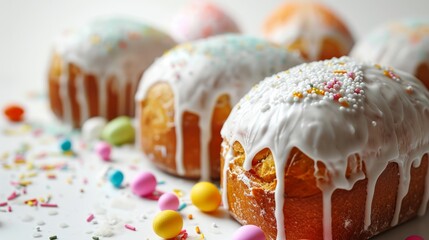 Kulich, traditional Russian Easter bread, adorned with white glaze and colorful sprinkles. With...