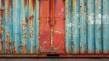 Rusty paint-streaked shipping container by the docks.