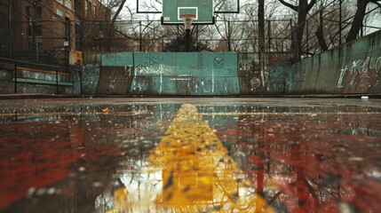 Stained and cracked basketball court in an urban setting, reflecting years of games and community gatherings.